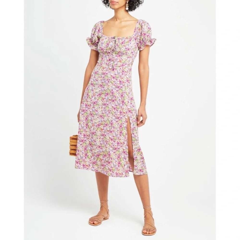 O.P.T Floral Smocked Back Puff Sleeve A-line Midi Dress Purple Pink Small